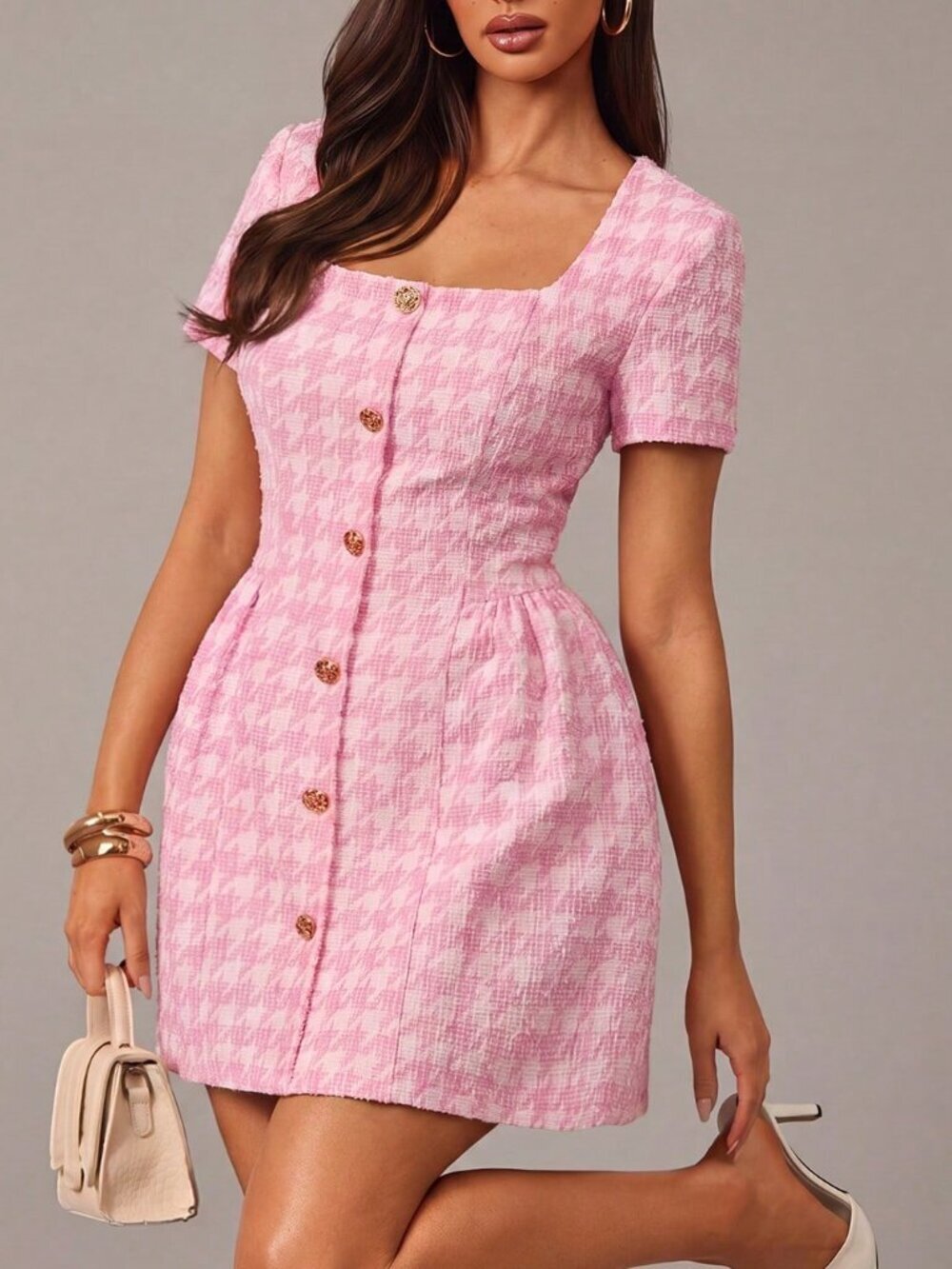 Pink Elegant Women's Mini A-Line Dresswith Metal Buckle, Tweed Plaid